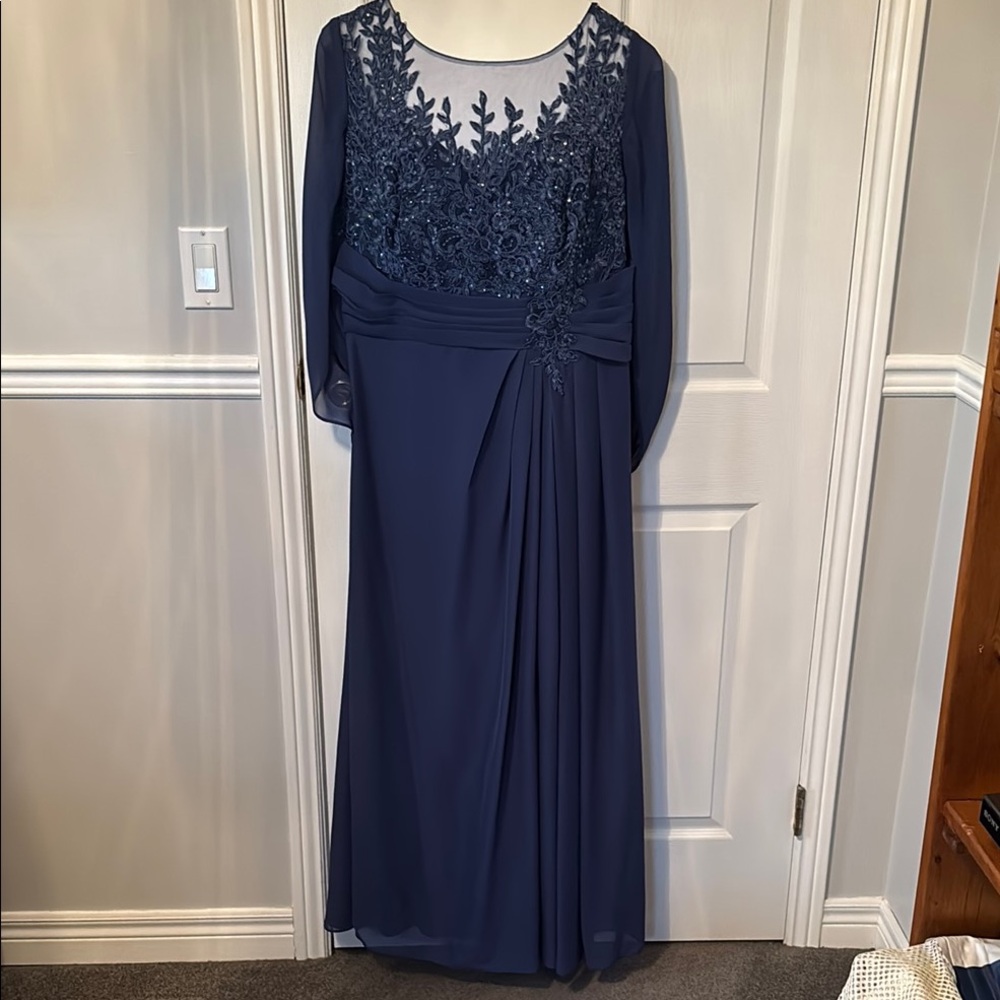JJs House Navy Blue Beaded Illusion Bodice Evening Gown